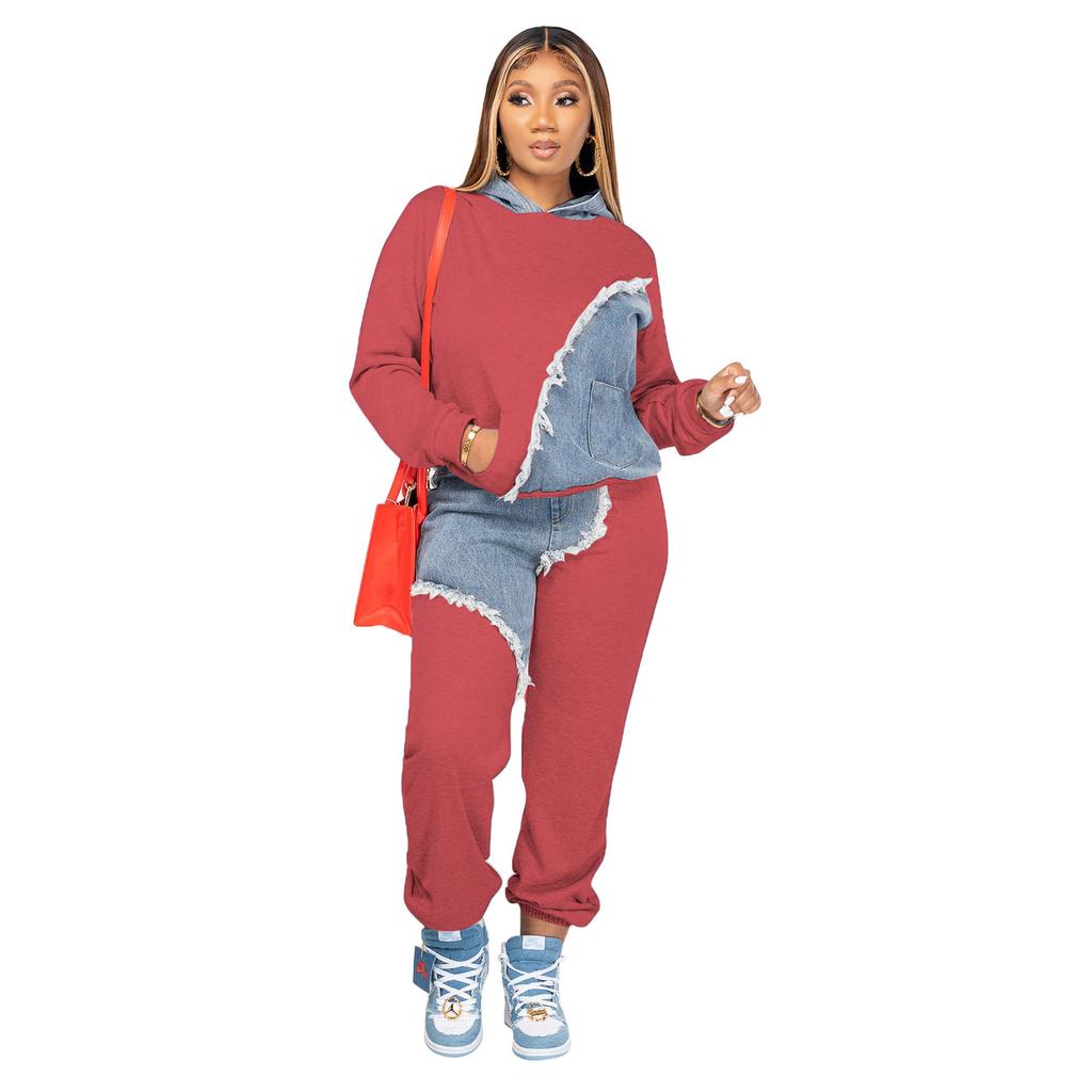 Women Two Piece Sets Tracksuit Autumn Jeans Splicing Hooded Top Sweatshirts Pocket Jogger Pants Suit Loose Female Office Lady