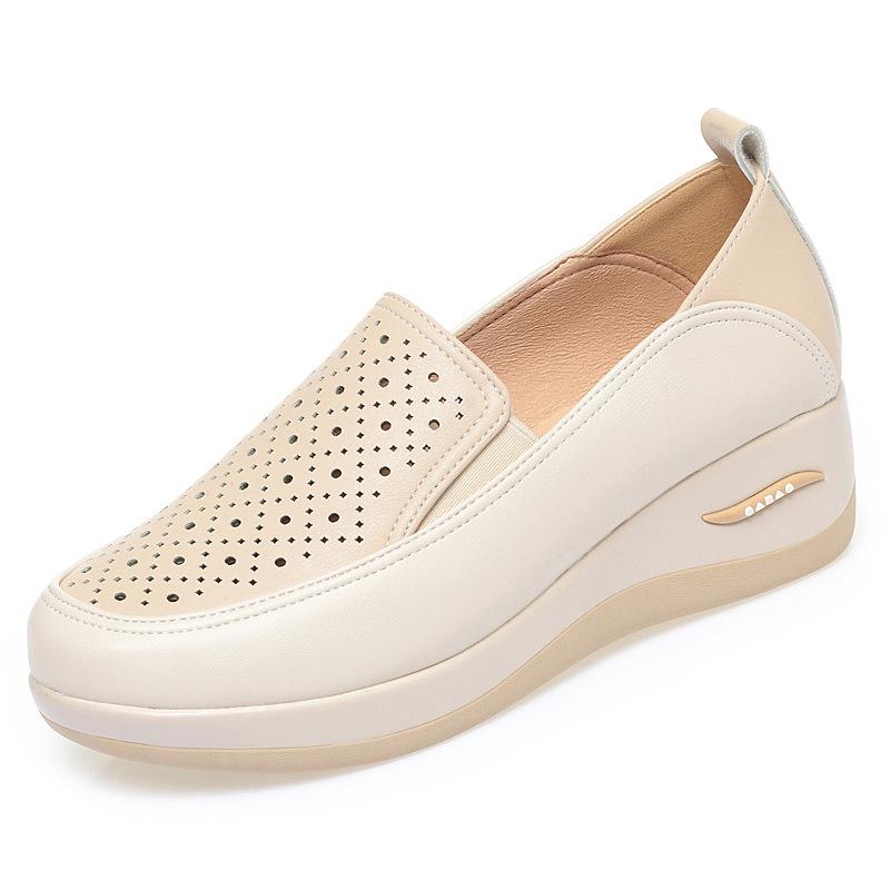 Spring Soft Leather Thick Bottom Women Shoes Wedges Cutout Breathable Sneakers Platform Lightweight Mom Loafers