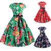 Women Vintage Hebborn Short Sleeve O Neck Evening Print Party Prom Swing Dress