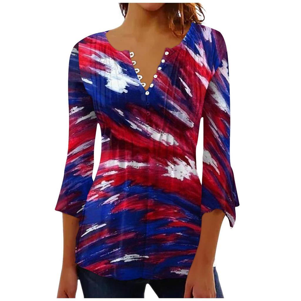 Женский повседневный топ на пуговицах с длинными рукавами и v-образным вырезом в честь Дня независимости