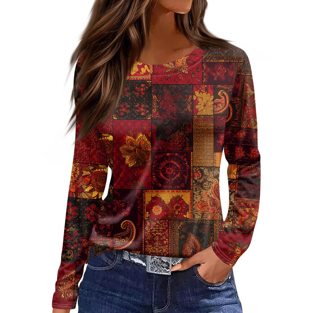 Женская модная блузка с разрезом по подолу, повседневная, в стиле ретро, с цветочным принтом, круглым вырезом и длинными рукавами
