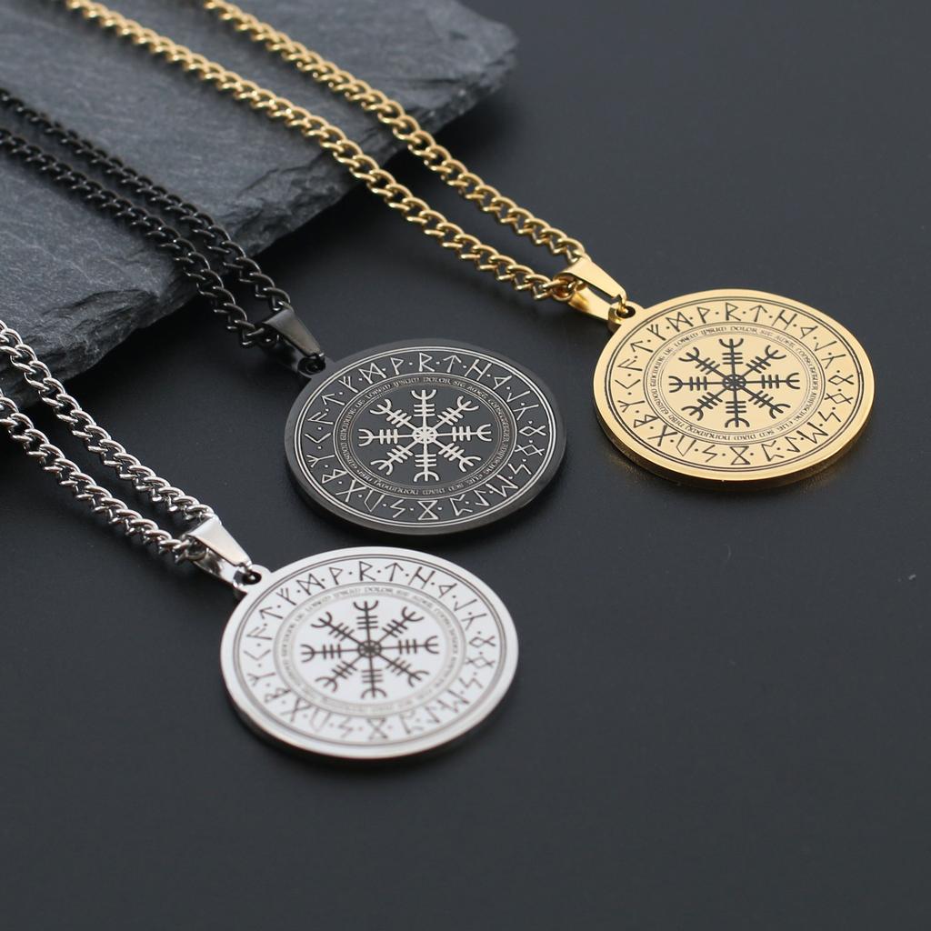 Norse Style Odin Rune Circle Pendant Necklace Stainless Steel Mens Jewelry