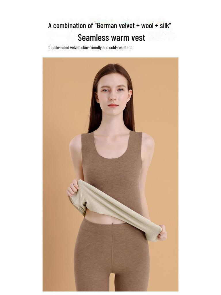 Women's Wool Silk Warm Vest with German Velvet, Thick Seamless Heating Undershirt.