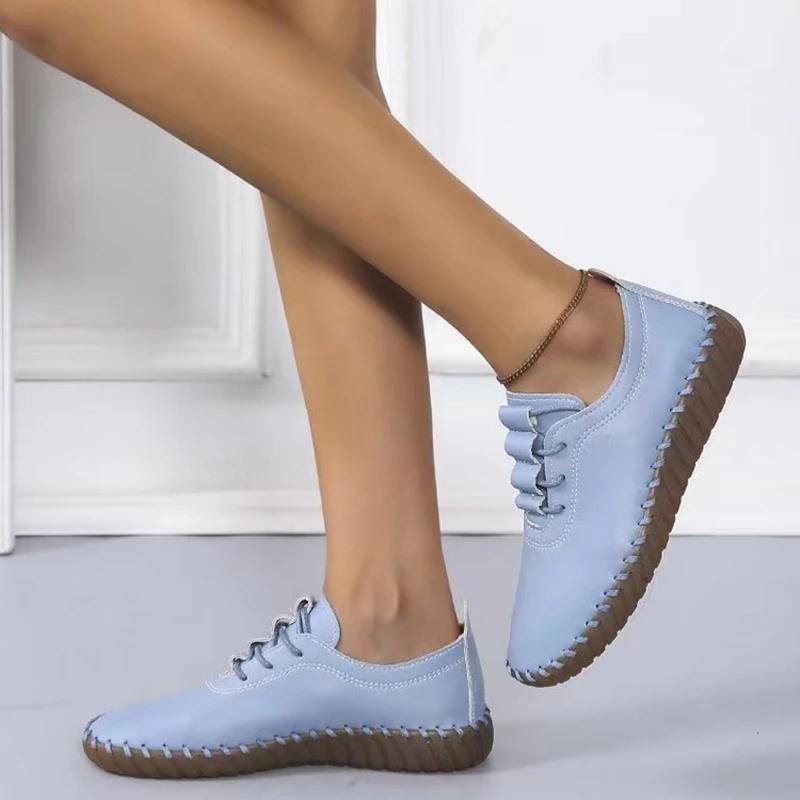 Sneakers Women Shoes Platform Loafers Lace Up Leather Flats Trend Spring Casual Mom Shoe