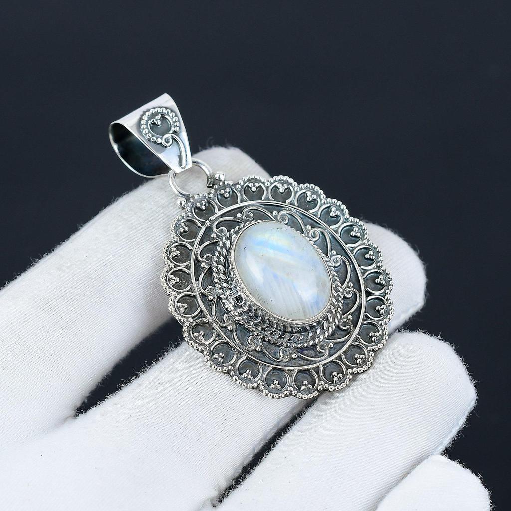 Кулон с радужным лунным камнем, ювелирное изделие ручной работы, ожерелье из стерлингового серебра 925 пробы, натуральный блестящий лунный камень, ювелирное изделие, кулон, подарок для него на Новый год