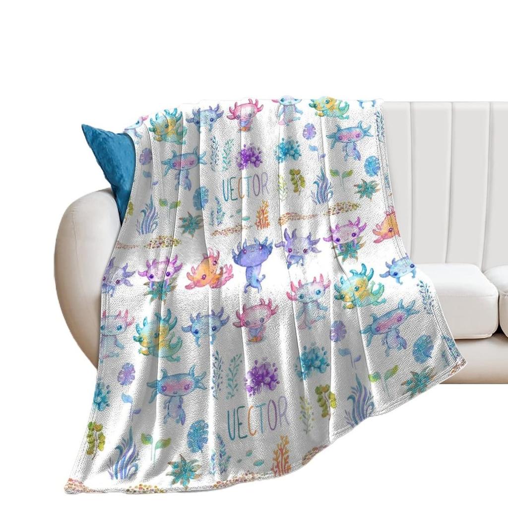 Cartoon Axolotl Blanket Kawaii Ocean Animal Throw Blankets for All Season Seaweed Aquarium Soft Flannel Sofa Blanket for Kids