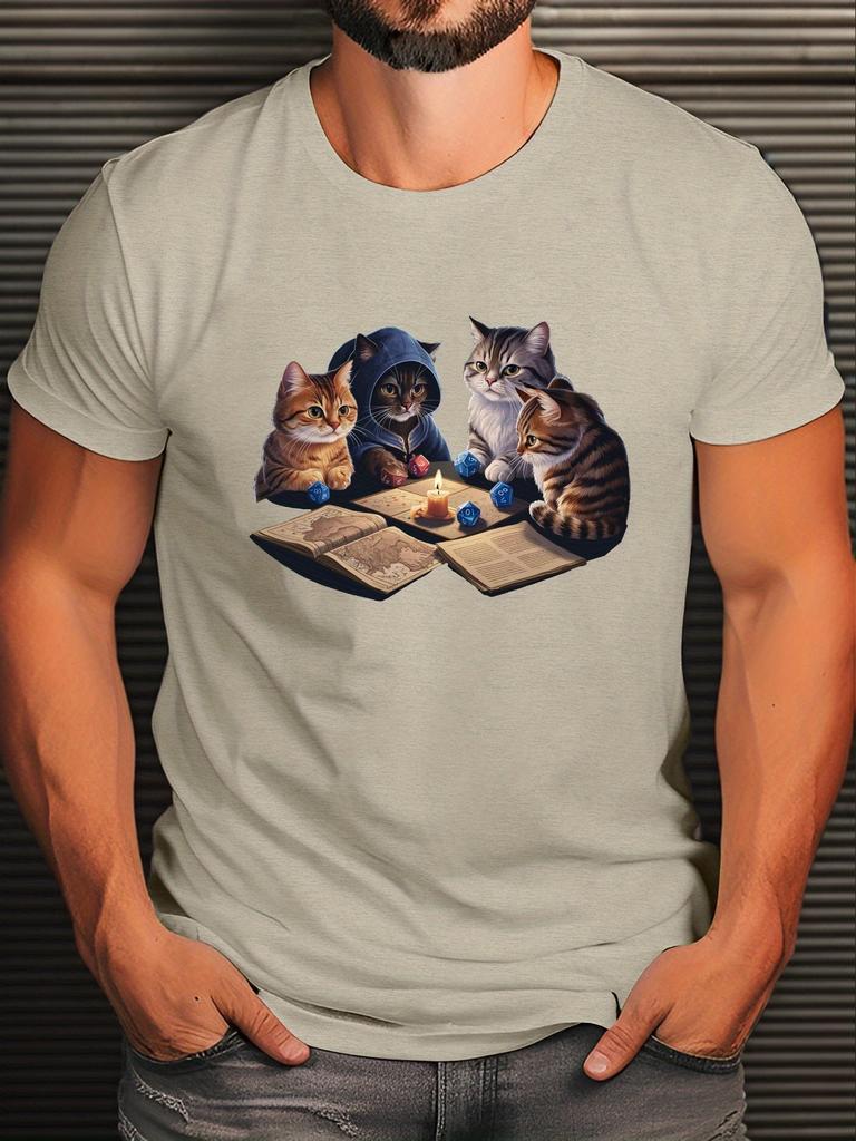 Cats looking Books Graphic Tee Men Casual Round Neck Short Sleeve Breathable TShirt Casual Summer