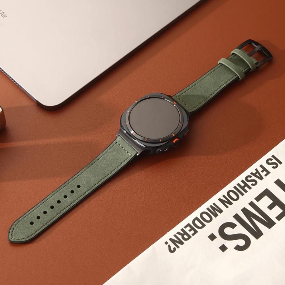 Кожаный деловой ремешок для Samsung Galaxy Watch 8 Classic 46 мм 44 мм 40 мм без зазоров, мужской браслет для Galaxy Watch 7 Ultra 47 мм, роскошный ремешок с изогнутыми концами