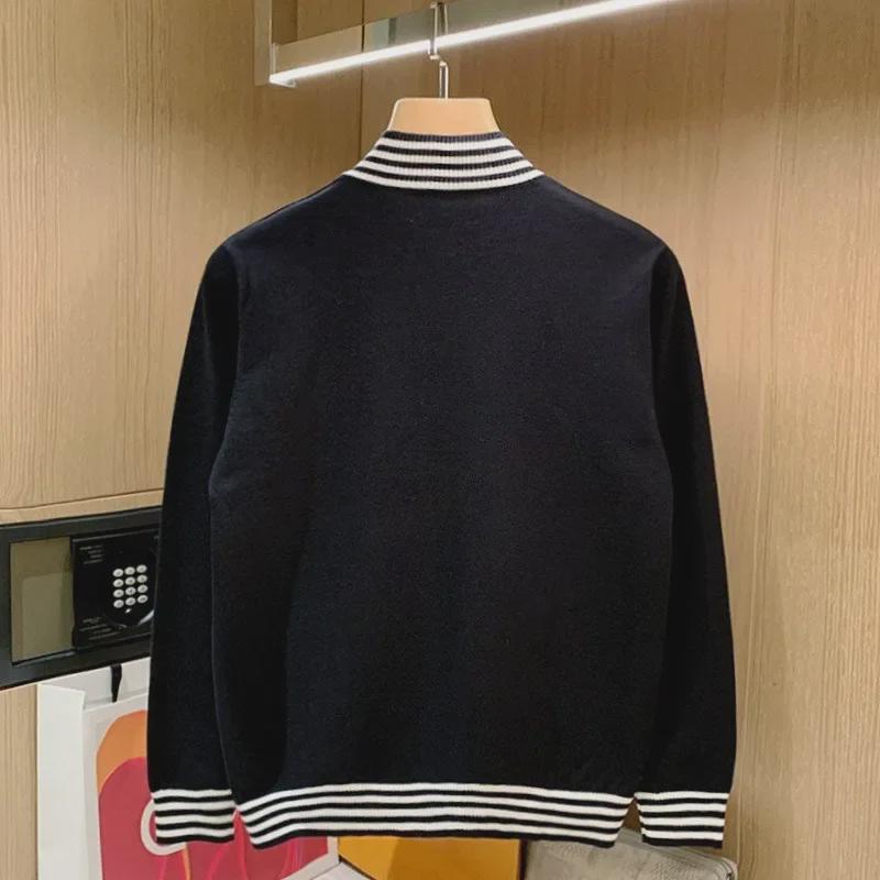 Мужской модный полосатый кардиган с воротником-стойкой в черно-белую полоску: Свитер в европейском и американском осеннем стиле