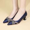 Pointed Soft Leather Rhinestone Single Shoes Women's Spring and Autumn New Versatile Elegant Middle Heel Floating Shoes Thick Heel Women's Shoes