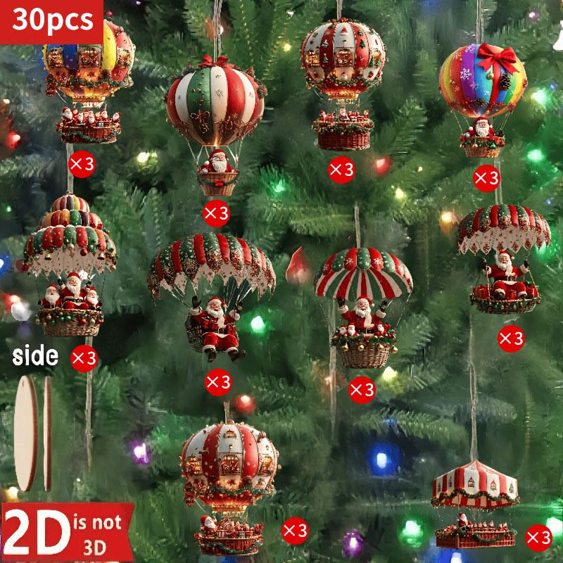 2D Flat Christmas Wooden Hot Air Balloon Santa Claus Wooden Pendant Christmas Tree Decoration Perfect Holiday Gift Decor