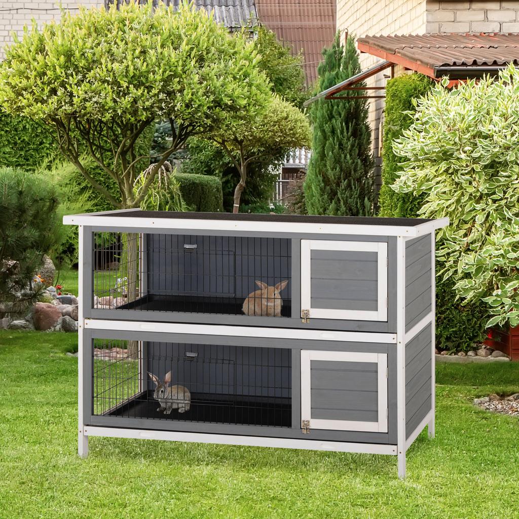 Small animal hutch for guinea pigs and dwarf rabbits, two-story, wood, grey