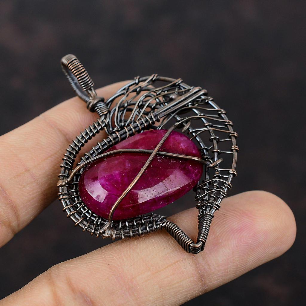 Кулон с ограненным кашмирским рубином, обернутый медной проволокой, подвеска ручной работы, обернутая проволокой, ювелирные изделия из кашмирского рубина, ювелирные изделия из медной проволоки, подарок для нее