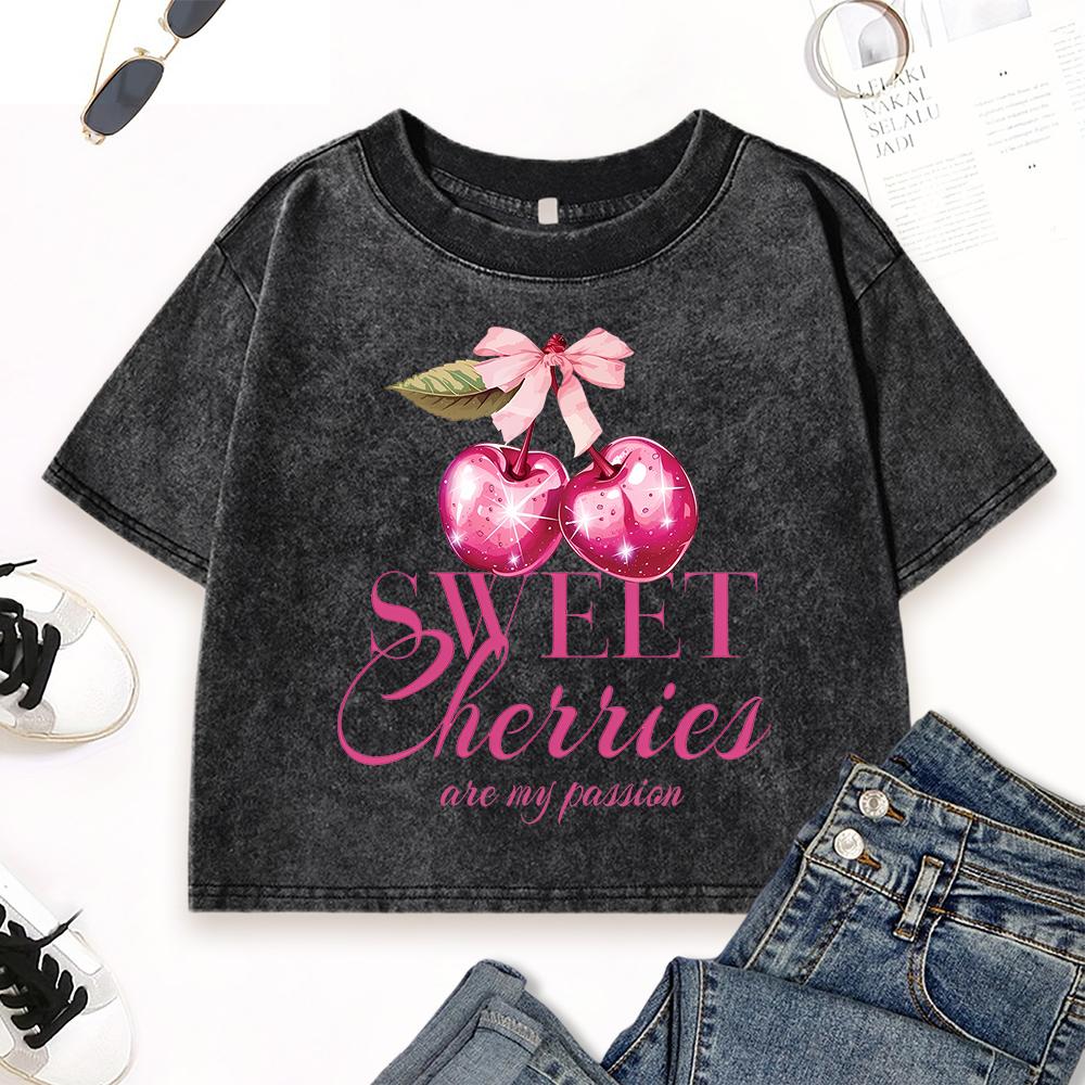 Sweet Cherry Are My Passion Print Women Washed T-Shirts Summer O-Neck Tee Shirt Cotton Casual Clothes Slim Top