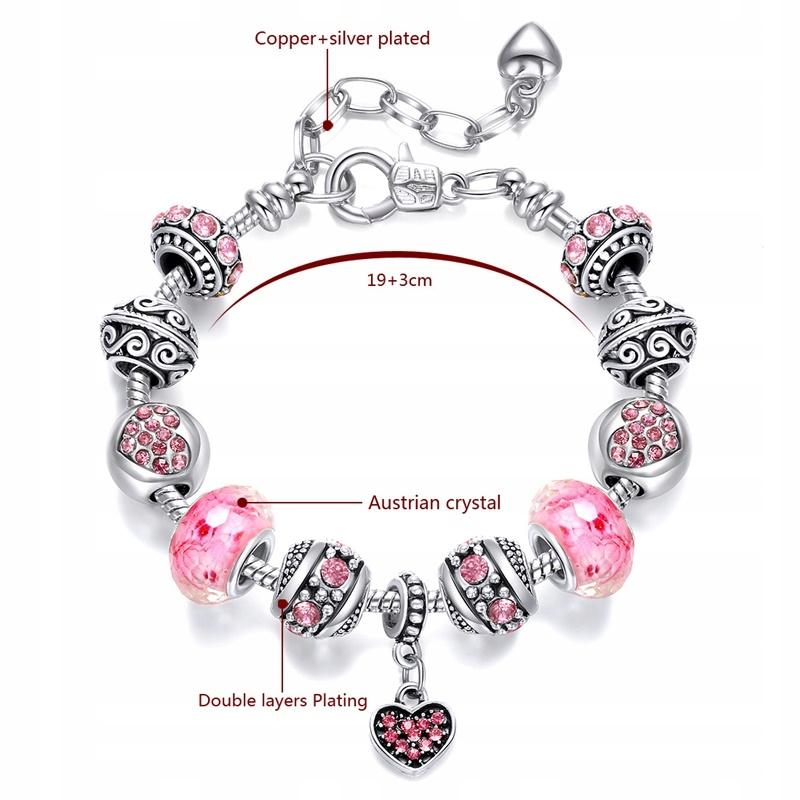 Silver Modular Bracelet Pink Beads Charms Adjustable 19 - 22 cm