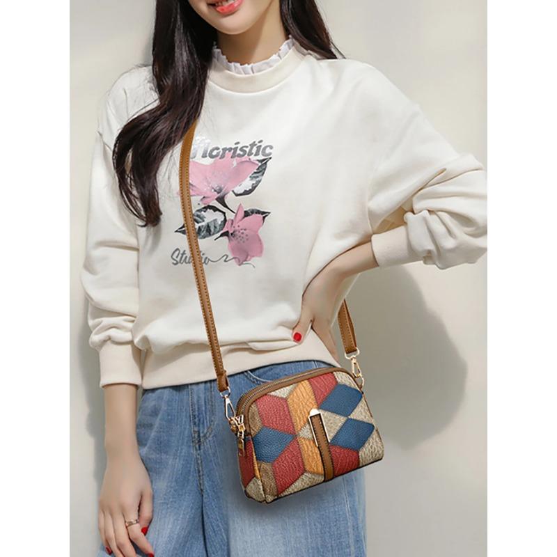 Mini Colorblock Crossbody Bag Retro Rhombus Pattern Purse Fashion Shoulder Bag for Women Casual