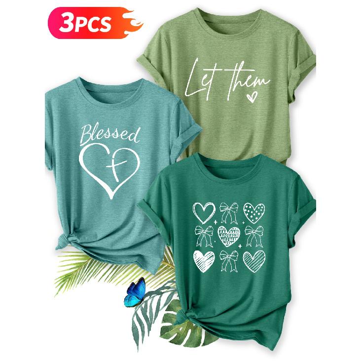 Three-piece set Elegant short-sleeved dress for women Christian Faith Love Print Crew Neck T Shirt Suitable for spring