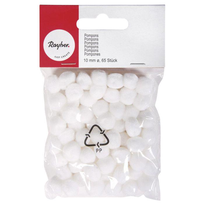 Pompons, blanc, 10 mm, 65 pces