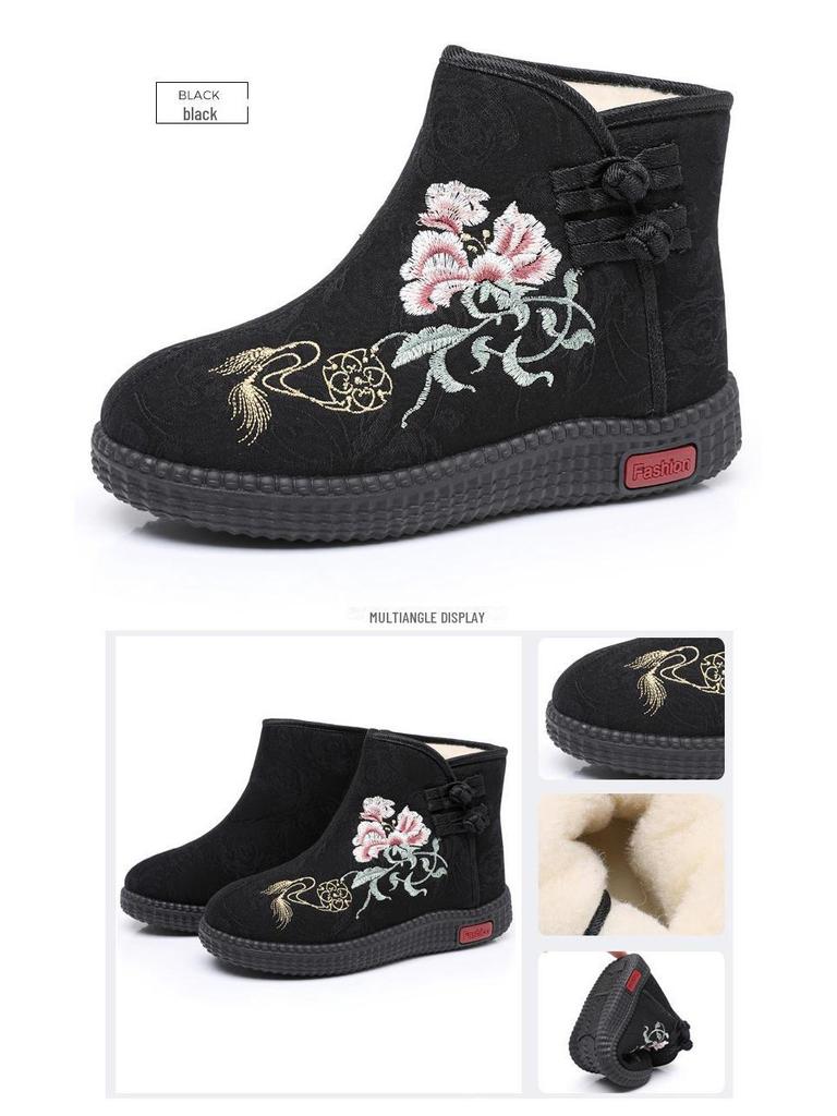 Женские вышитые зимние ботильоны - теплая бархатная подкладка, хлопковая обувь в китайском стиле для мамы