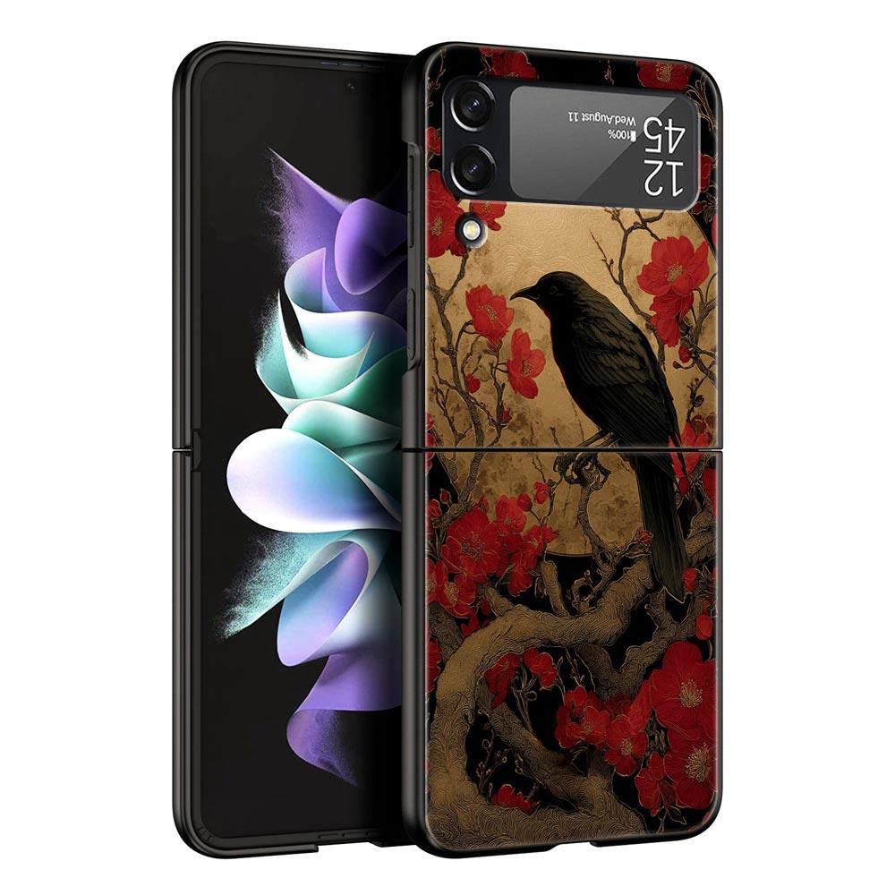 Black Raven Hard PC Phone Case For Samsung Galaxy Z Flip 7 6 5 4 Black Cover For Galaxy Z Flip 3 Foldable Shell Fundas Capas Bag