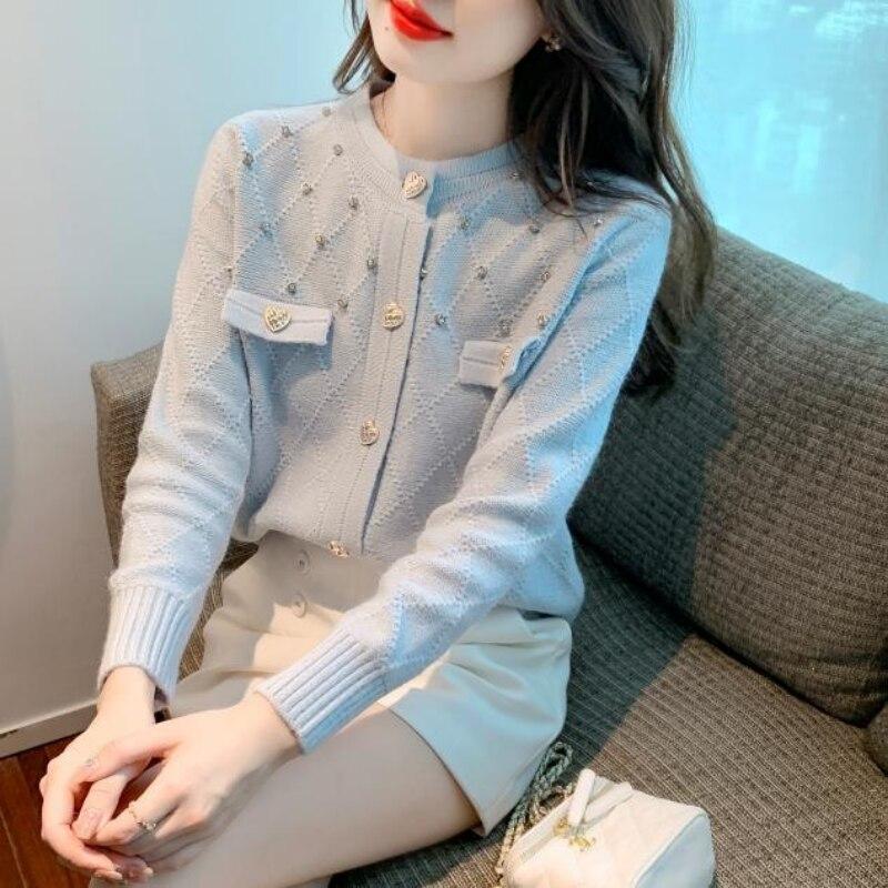 Sweet Cardigan Knitwear Women Autumn and Winter Coarse Knitted Sweater Coat with Diamond Long Sleeve O Neck Sweater Female