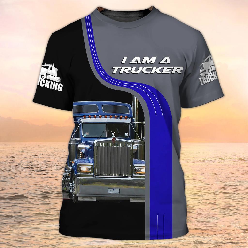 New Trucker Shirt Men's T-shirt 3D Truck Print Uniform Short Sleeve Tops 2024 Harajuku Clothing Summer O Neck Oversized Pullover