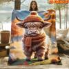 1pc 2D Flat Printing Spring & Summer New Arrival Cute Cow with Hat and Scarf Themed Digital Print Blanket, Suitable for All Seasons, Casual Throw Blan