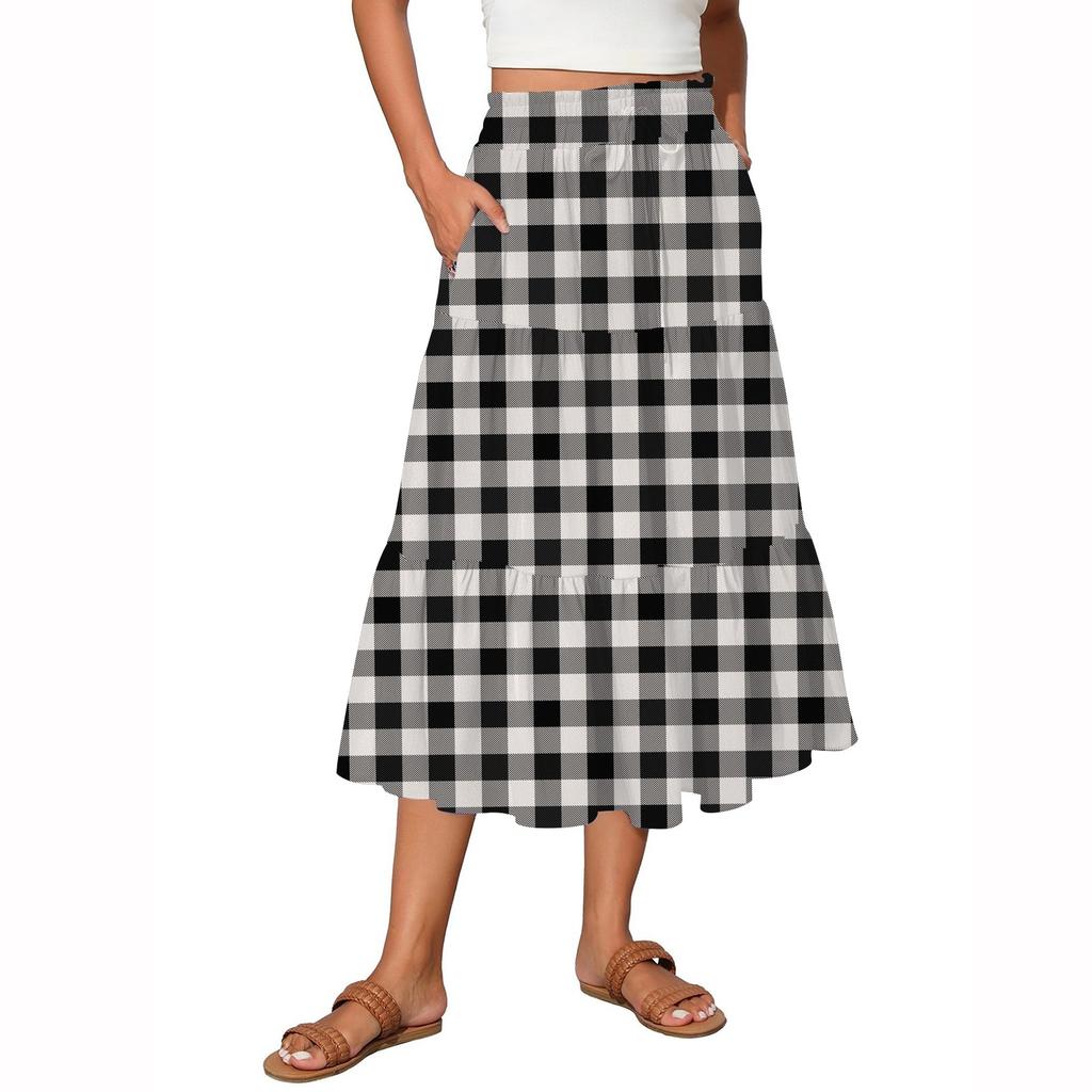 Women's Vintage Gradient Print Flowy Flared Ruffle A-Line Maxi Skirt