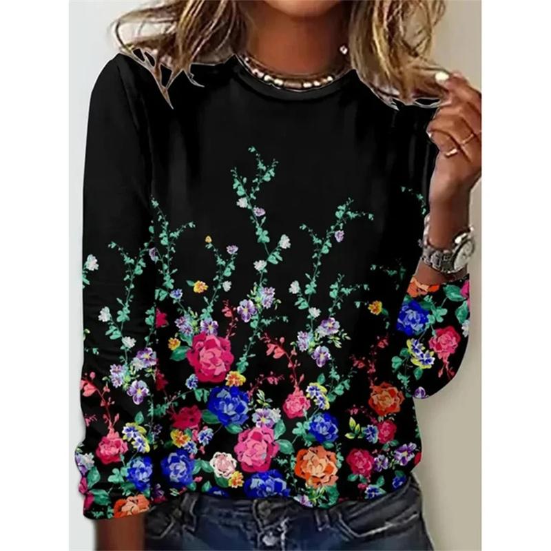 Spring and Autumn Round Neck Colorful Flower Pattern 3D Printed Top Fashionable Casual Long Sleeved Women's T-shirts