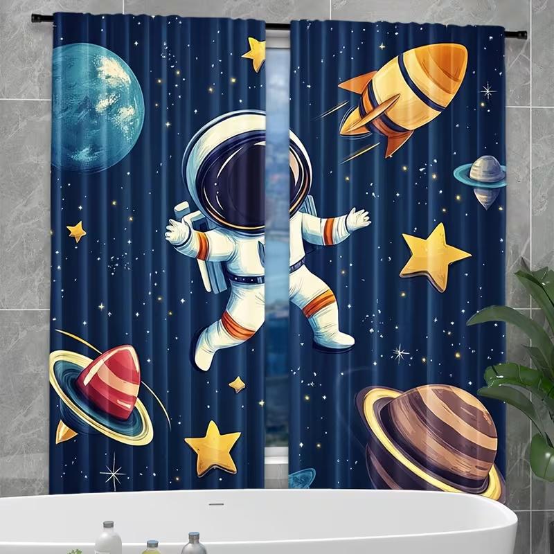 2Pcs Katon Astronaut Planet print curtains,suitable for bedroom,living room kitchen decoration,home decoration,window decoration