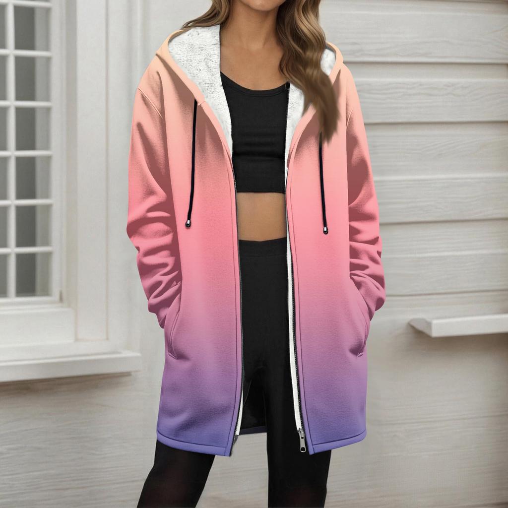 Женская модная флисовая куртка-худи свободного кроя на молнии с градиентным принтом