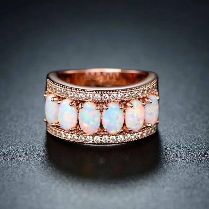 Gorgeous Imitation Opal Stone Rings for Women Unique Shiny Cubic Zirconia Wedding Band Jewelry Noble Finger Accessories