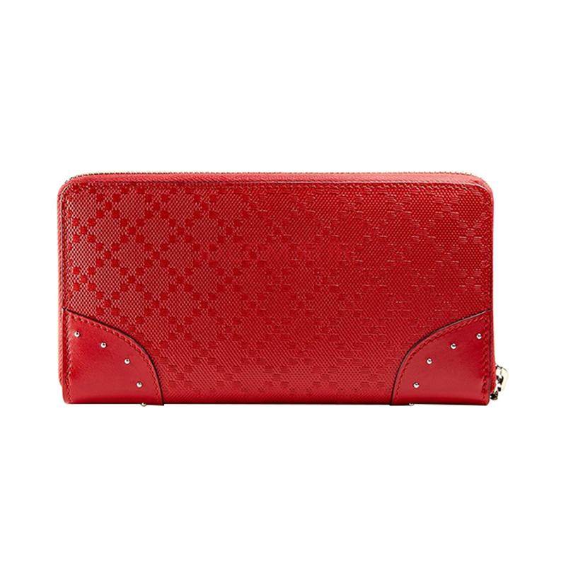 Gucci Embossed Logo Diamond Pattern Long Zipper Leather Wallet Wallet Regular Women's Red