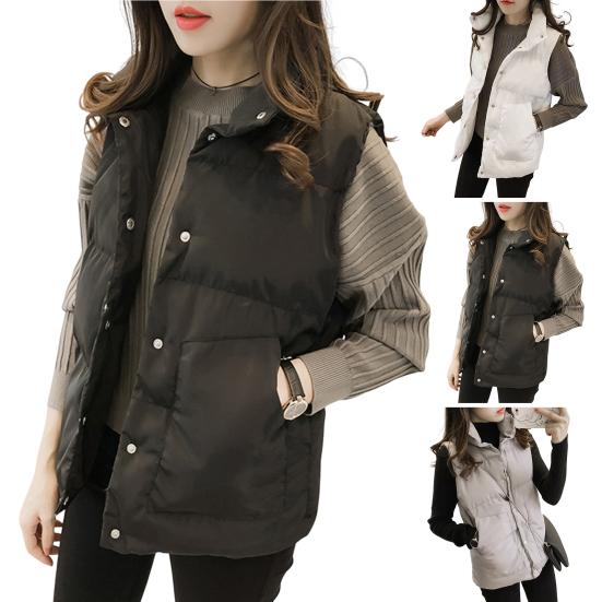 Women Cotton Vest Single-breasted Stand Collar Padded Thicken Solid Color Keep Warm Neck Protection Sleeveless Vest