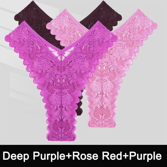 FINTOO 3PCS/Set Sexy V Waist Floral Lace Women Panties Perspective Underwear Thongs Brazilian Briefs Lingerie Comfort Female Underpants