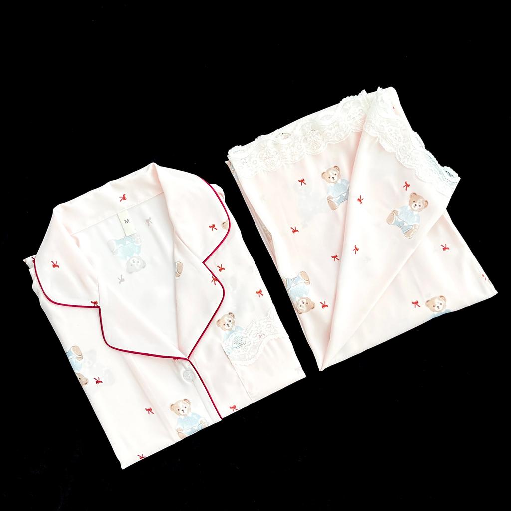 [Good night bear] Summer new pajamas women's acetic acid fabric short-sleeved trousers three-piece set cute style loungewear