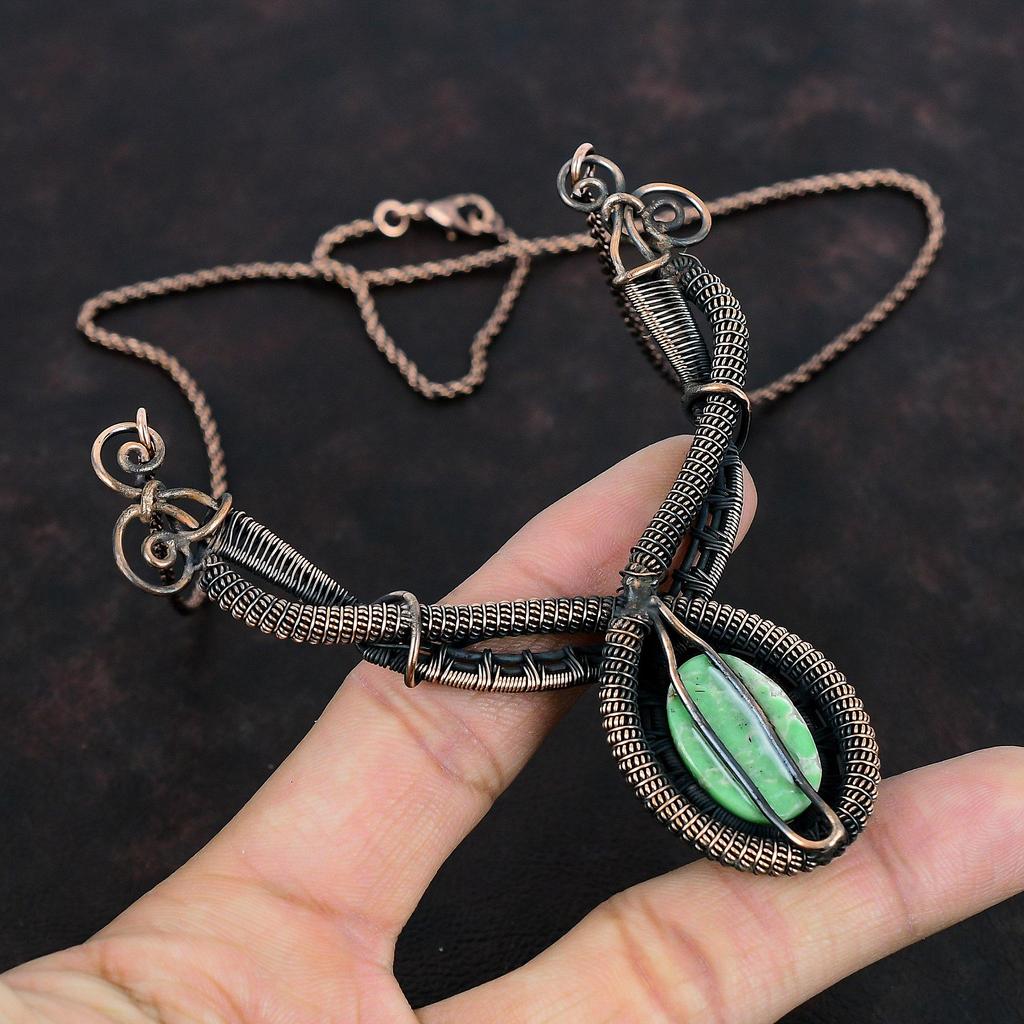 Ожерелье из варисцита, обернутое медной проволокой, ожерелье из натуральных драгоценных камней, уникальное ожерелье ручной работы, медные украшения из варисцита, подарки на годовщину