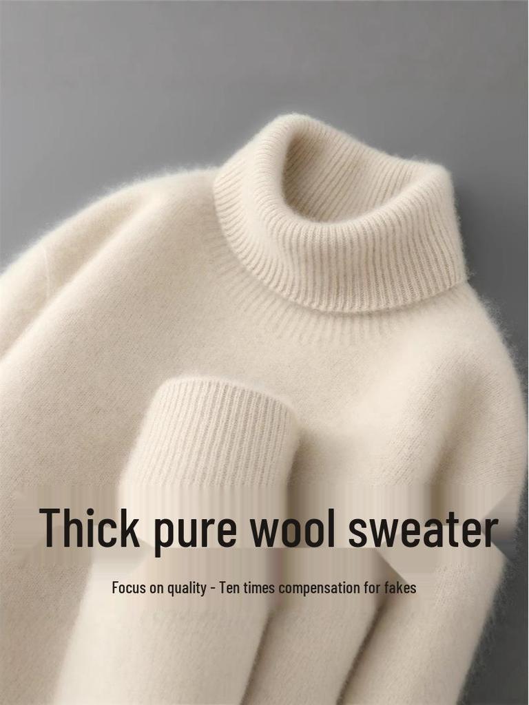 Men's High-Neck 100% Pure Wool Sweater: Thick Long-Sleeve Pullover for Autumn/Winter, Loose Fit Knitted Base Layer.