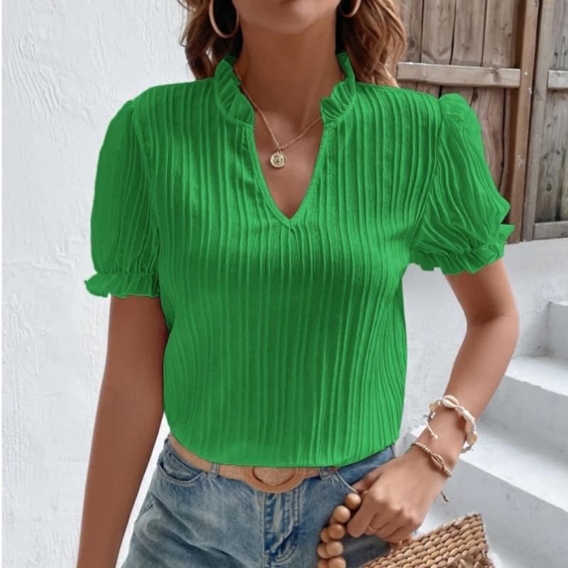 2023 летняя белая рубашка с коротким рукавом, женская винтажная однотонная свободная рубашка с v-образным вырезом, повседневная элегантная кружевная блузка, модная одежда 28006