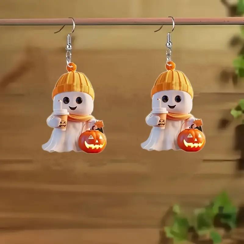 Halloween Themed Cartoon Ghost Milk Tea Pumpkin Pattern Women Acrylic Earrings For Casual Wear