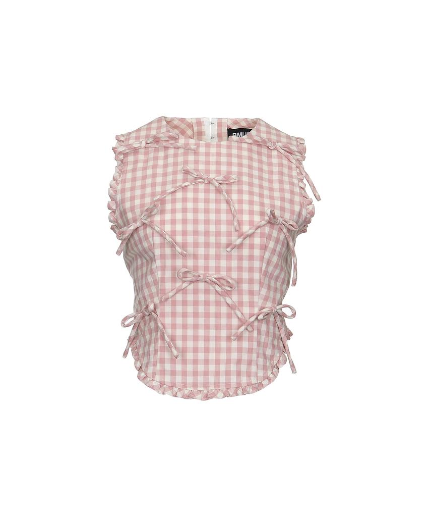 BMUETTE Ribbon Detail Gingham Check Top Pink