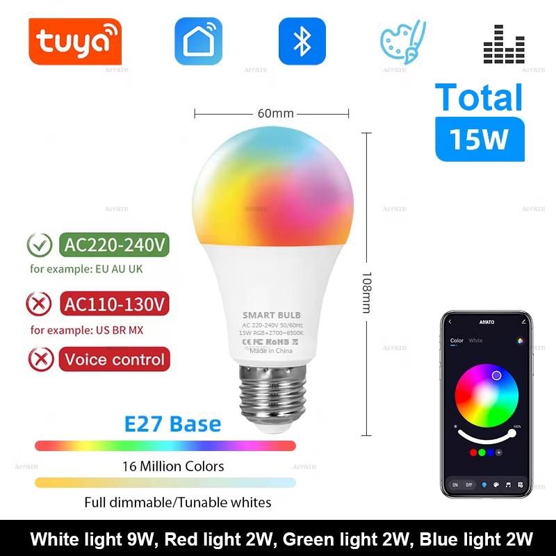 Tuya Bluetooth Светодиодная Лампа Диммируемая 15Вт 18Вт E27 B22 220В RGBCW Изменение Цвета Лампы Smart Life Приложение Групповое Управление Музыкальный Ритм Таймер