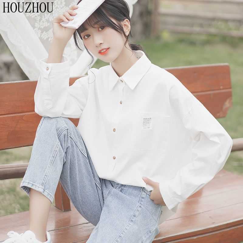 HOUZHOU белая рубашка женская с карманом и длинным рукавом размера плюс для студентов, милая корейская шикарная классика