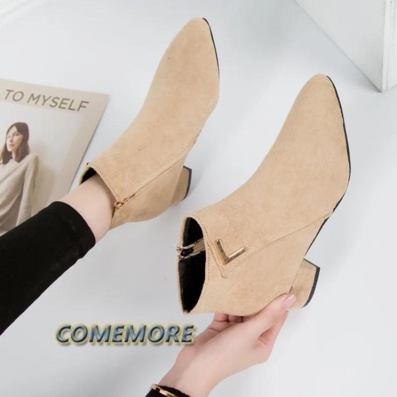 Сапоги на толстом высоком каблуке с квадратным носком, зимние ботинки челси, женские ботильоны на молнии, женская осенняя обувь, бежевый, черный, красный, размер 35-42, полиуретан