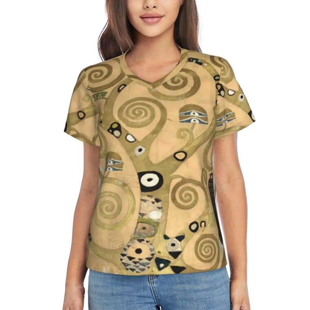 Gustav Klimt T Shirt The Kiss Hip Hop T-Shirts Women V Neck Basic Tops 2024 Beach Short Sleeve Pattern Clothes