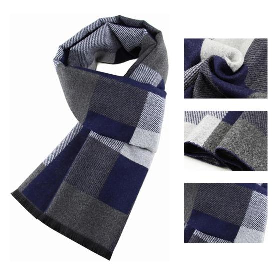 Men Scarf Plaid Print Winter Warm Thick Imitation Cashmere Long Scarf Medium Length Shawl Cold Weather Accessory