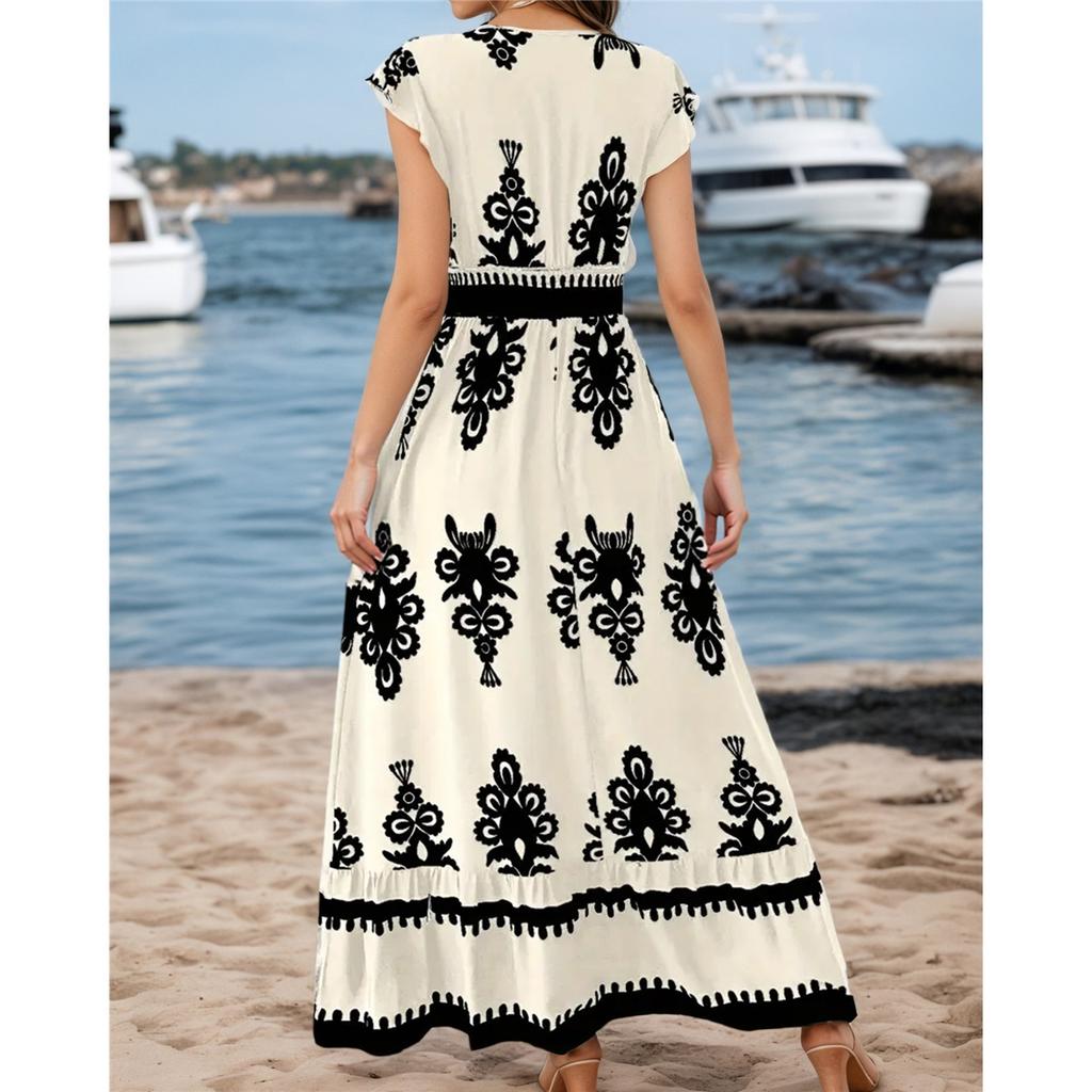 New Summer Holiday Style Printed V-neck Waist Short-sleeved Dress Holiday Long Dress
