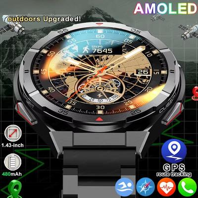 Новые спортивные смарт-часы с GPS 2025 для мужчин, 1,43-дюймовый HD AMOLED экран, компас, Bluetooth-звонки, пульсометр, водонепроницаемые смарт-часы для Android и iOS