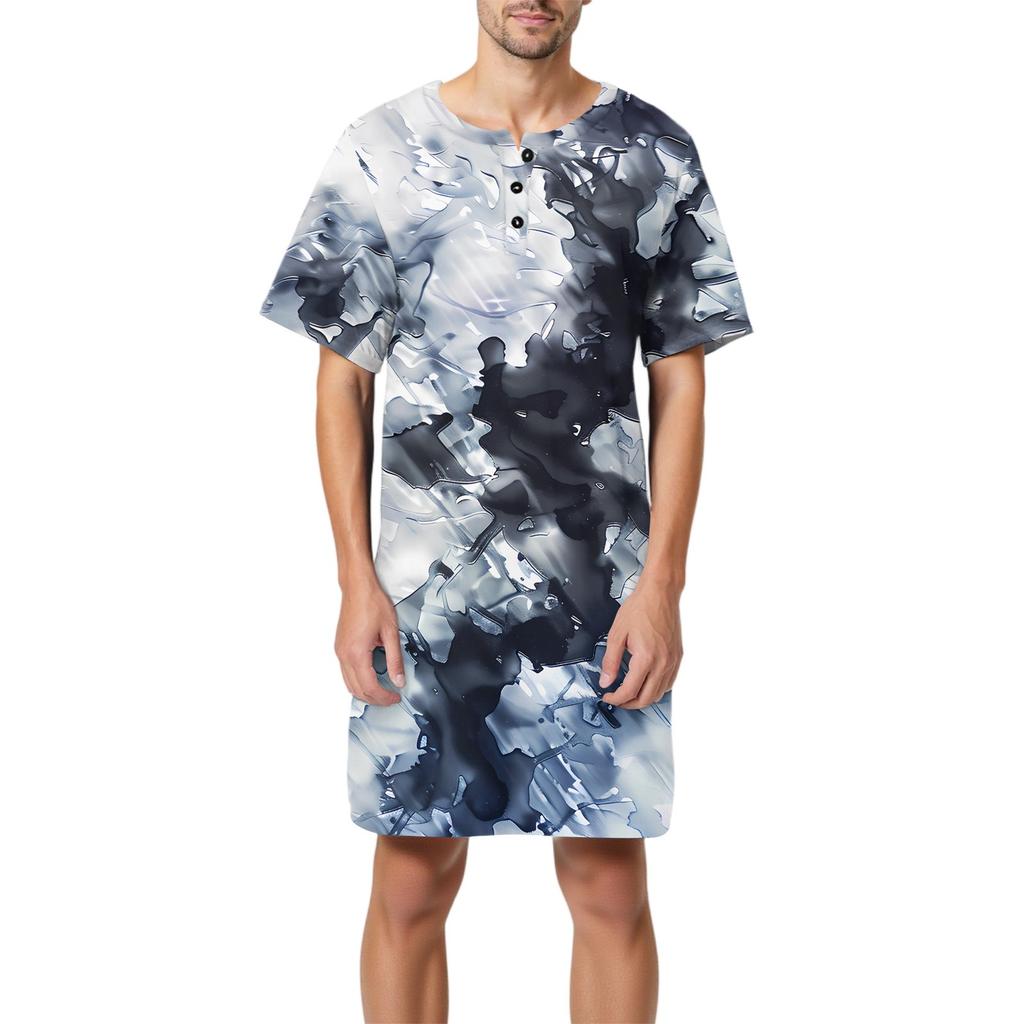 Мужская мода Принтованная хлопковая пижама с коротким рукавом Воротник на пуговицах Длинная свободная домашняя одежда