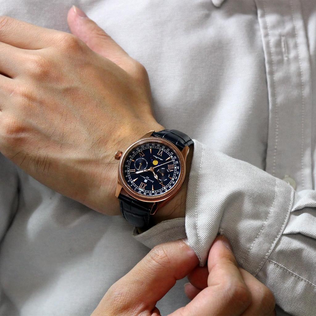 Часы Moon Phase Multi Calendar 5 ATM Waterproof Business Formal Leather Belt Limited Model Pink Gold Blue [Salvatore Mara] Men's SM24110-PGBL